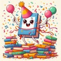 Joyful book character celebrating world book day with party and balloons