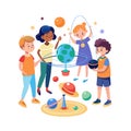 Diverse children exploring space and planets, learning and having fun with science Royalty Free Stock Photo