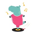 Cheerful illustration of a hippo dancing on a vinyl record Royalty Free Stock Photo