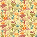 Cheerful illustration of a vibrant mushroom pattern on a bright yellow background