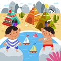 Cheerful Indian boys play with boats near wigwams. Cute cartoon character. Vector illustration for children games