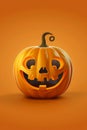 A cheerful jack-o'-lantern with a curly stem is set against a vibrant orange background, creating a playful and