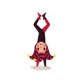 Cheerful joker flat character standing upside down. Comedy artist, acrobatic performance.