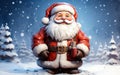 Cheerful and jolly Santa Claus character in vibrant holiday attire standing in a snowy Christmas landscape with festive presents