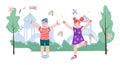 Cheerful jumping with joy children on summer playground flat vector isolated