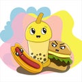 cheerful junk food with cute drink cartoon illustration