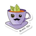 Cheerful kawaii kawaii sticker isolated on white background. Black tea.