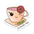 Cheerful kawaii kawaii sticker isolated on white background. Delicious flower tea. Sweet tea.