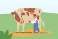 Cheerful Kid Feeding Cute Cow at Farm or Outdoor Zoo Park. Little Boy Giving Apple to Calf. Child Spend Time in Park