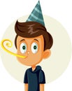 Little Boy Blowing a Party Noisemaker Vector Cartoon Illustration