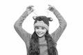 Cheerful kid. Playful cutie. Adorable baby wear cute winter knitted hat. Cute reindeer with red nose. Cute accessories