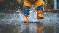 cheerful kid in raincoat enjoying playful moments in rainwater closeup