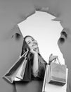 cheerful kid with shopping bags. cute child shopper. teenager girl shopaholic.