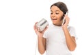 Cheerful kid talking on smartphone and Royalty Free Stock Photo