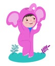 Cheerful kids character in elephant masquerade costume for school pajama party, birthday. Vector hand drawn cartoon flat