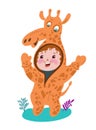 Cheerful kids character in giraffe masquerade costume for school pajama party, birthday. Vector hand drawn cartoon flat