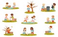 Cheerful Kids Enjoying Spring Season Splashing in Puddle, Planting Tree and Picking Litter Vector Set