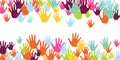 Cheerful kids handprints nursery games concept background design. Child paint hand prints