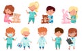 Cheerful Kids in Medical Wear Playing Doctors and Nurses Vector Illustration Set