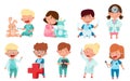 Cheerful Kids in Medical Wear Playing Doctors and Nurses Vector Illustration Set