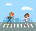 Cheerful Kids with Red Rucksacks Crossing Road