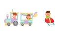 Cheerful Kids Riding Toy Train and Car Having Fairground Ride Vector Set Royalty Free Stock Photo