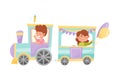 Cheerful Kids Riding Toy Train or Having Fairground Ride Vector Illustration Royalty Free Stock Photo