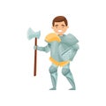 Cheerful knight with axe and helmet in hands. Medieval warrior in iron armor. Royal soldier. Flat vector design