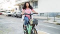 Cheerful Latin Overweight Woman Riding Bicycle Enjoying Ride Outside Royalty Free Stock Photo