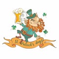 Cheerful leprechaun with beer for St. Patrick`s day. Vector