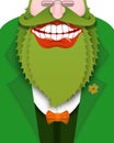 Cheerful leprechaun with green beard. Good gnome with big smile.