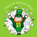 A cheerful leprechaun with a red beard and a green suit. Pots o Royalty Free Stock Photo