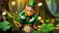 Smiling Leprechaun with Gold Coins and Clovers