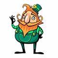 Cheerful leprechaun, symbol of Saint Patrick day, isolated vector illustration. Cartoon dwarf shows the OK gesture.