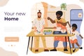 Cheerful LGBT couple with a kid cooking in kitchen of their new home. Real estate agency banner Royalty Free Stock Photo