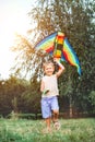 Cheerful little blonde hair boy running with a multicolored kite on the city park green grass meadow. Funny childhood with lovely Royalty Free Stock Photo