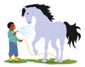 Cheerful Little Boy Character Joyfully Washes A Content Horse With A Hose In A Sunlit Summer Field, Vector Illustration Royalty Free Stock Photo