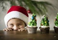 Cheerful little boy with Christmas tree decorated cupcakes Royalty Free Stock Photo