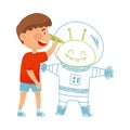 Cheerful Little Boy Drawing Alien with Pencil on the Wall Vector Illustration