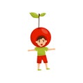 Cheerful little boy in headwear in form of red apple. Bright fruit costume. Happy preschool child. Flat vector design