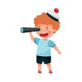 Cheerful Little Boy in Mariner Striped Vest and Peakless Hat Looking in Binocular Vector Illustration
