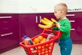 Cheerful little boy with shopping cart. Little boy takes bananas. Shopping, discount, sale concept Royalty Free Stock Photo