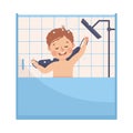 Cheerful little boy taking shower washing with washcloth. Happy kid doing everyday hygiene activities cartoon vector