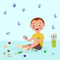 Cheerful little child boy sitting on floor and playing with colorful finger paints vector illustration. He draws with Royalty Free Stock Photo