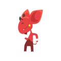 Cheerful little devil dancing and showing his tongue. Red demon character with horns, big ears and tail. Flat vector Royalty Free Stock Photo