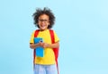 Cheerful little ethnic schoolchild with backpack and textbooks in studio Royalty Free Stock Photo