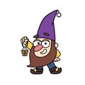 Cheerful little garden gnome, dwarf, oldman, gardener is holding a lantern in cartoon style.