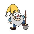 Cheerful little garden gnome, dwarf, oldman, gardener is holding a shovel in cartoon style.