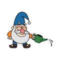 Cheerful little garden gnome, dwarf, oldman, gardener is holding a watering pot in cartoon style.