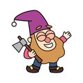 Cheerful little garden gnome, dwarf, oldman is holding an ax in cartoon style.